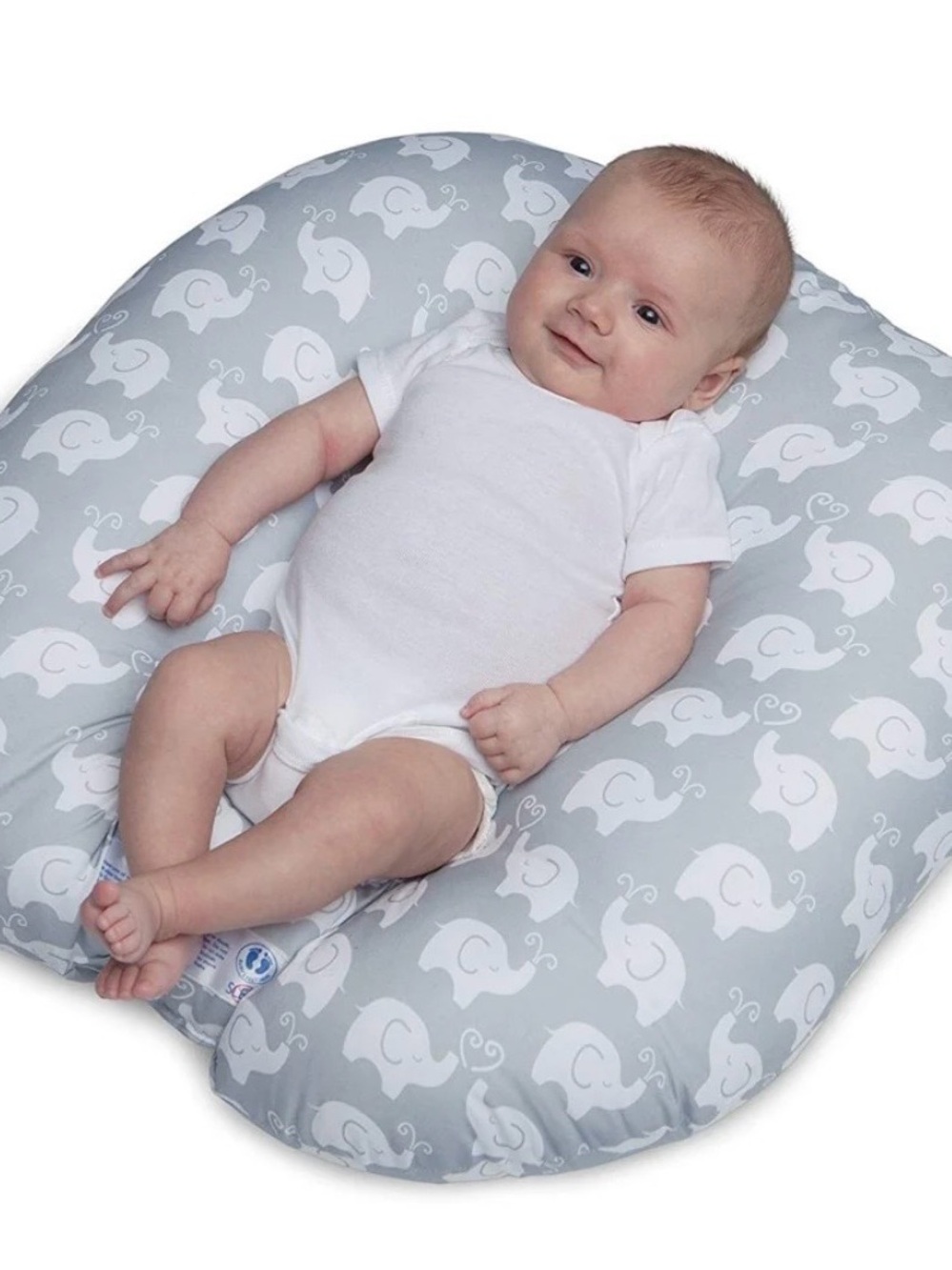 Boppy Infant Support Lounger in Light Gray with White Elephant Print